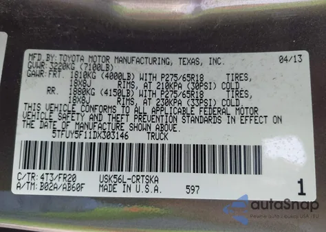 2013 Toyota Tundra Grade 5.7L V8 z USA, uszkodzony, nr VIN 5TFUY5F11DX303146